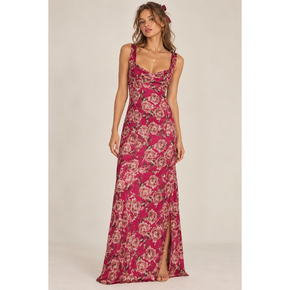 Wild Fable Satin Maxi Dress Hot Pink Floral Rose Coquette Garden Romantic Glam